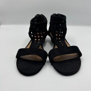 Comfortview Black Laser Cut Ankle Strap Wedge Sandals‎ Shoes Women's